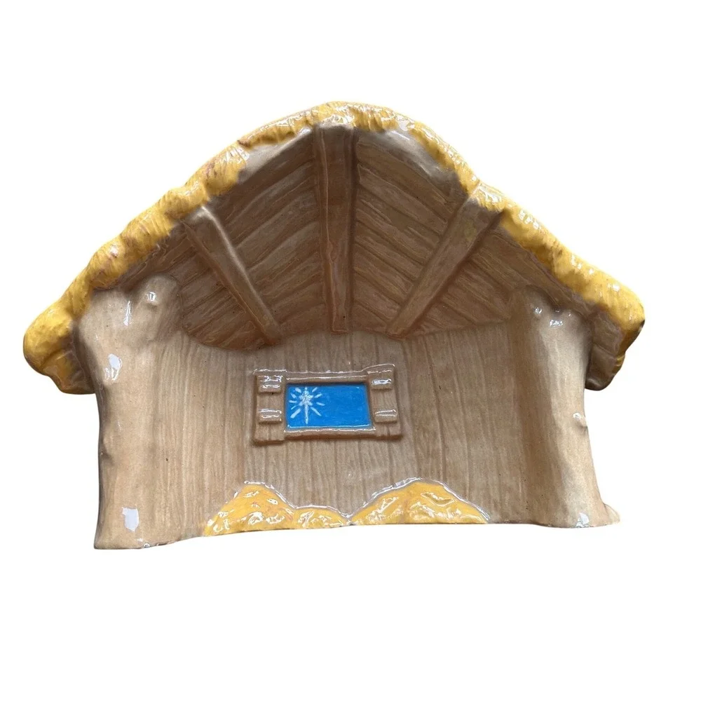 Vintage Ceramic Nativity Stable Creche Brown Thatched Roof Star Window 11 Inch‎